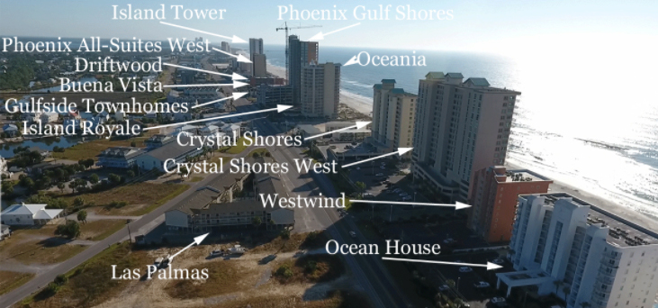 Aerial images of West Beach in Gulf Shores - Labeled condos