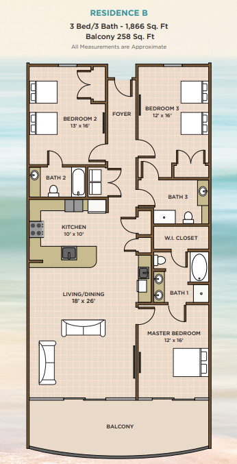 3BR Floor Plan for Phoenix Gulf Towers in Orange Beach, AL