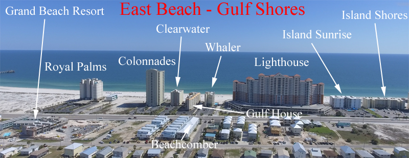 Aerial labeled image of East Beach condos in downtown Gulf Shores Alabama