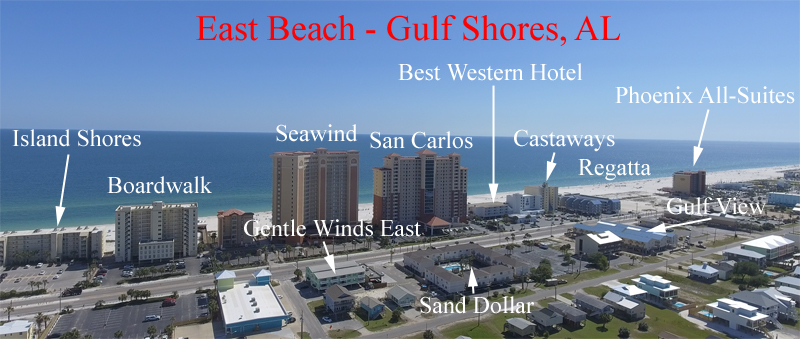 Aerial labeled condos in East Beach - Downtown Gulf Shores AL