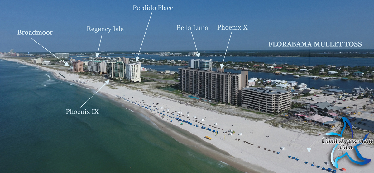 Aerial image of West of Flora Bama with condos labeled