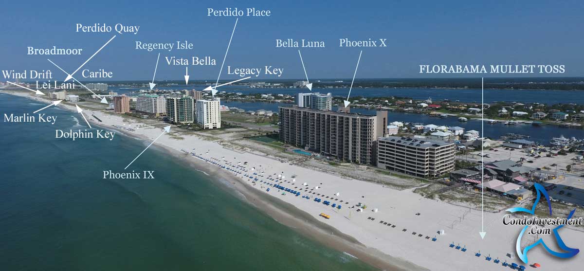 Aerial view West of Flora Bama and labels for the closest condos