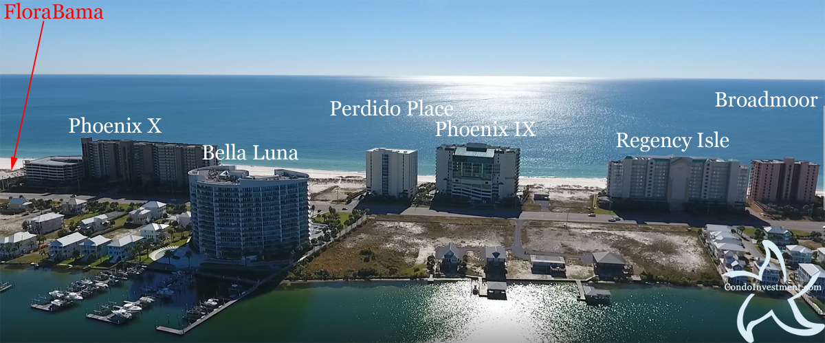 Aerial image of East Orange Beach with labeled condos