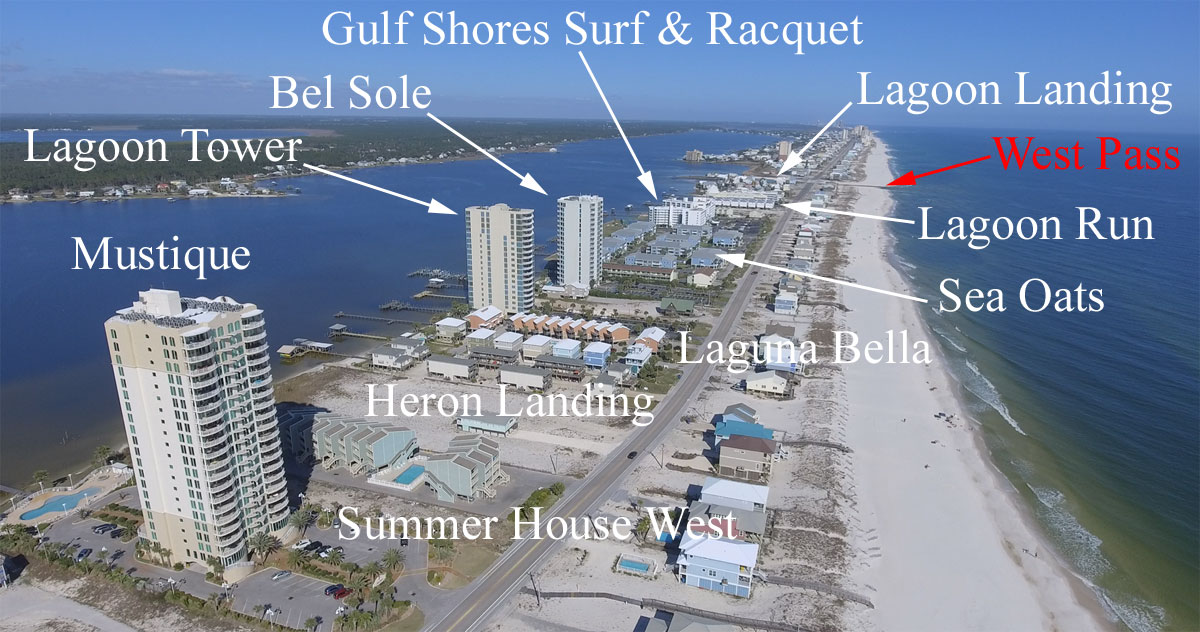 Aerial image of the end of West Beach in Gulf Shores, AL