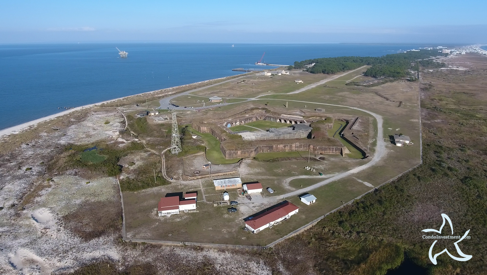 High aerial image of Fort Morgan in Gulf Shores Alabama