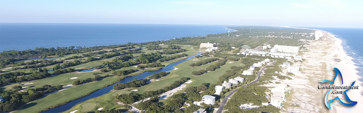 Aerial view of Gulf Shores golf courses and condos