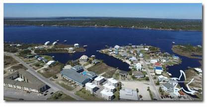 Aerial image of homes on Little Lagoon in Gulf Shores AL