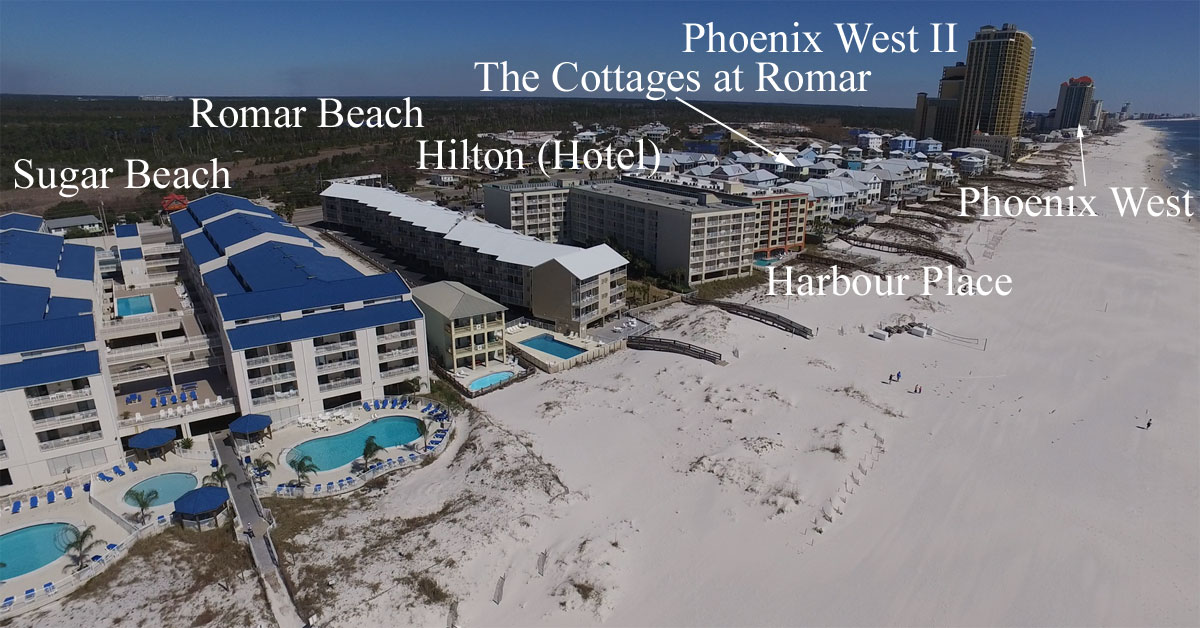 Aerial image of the Western-most tip of Orange Beach with condos labeled