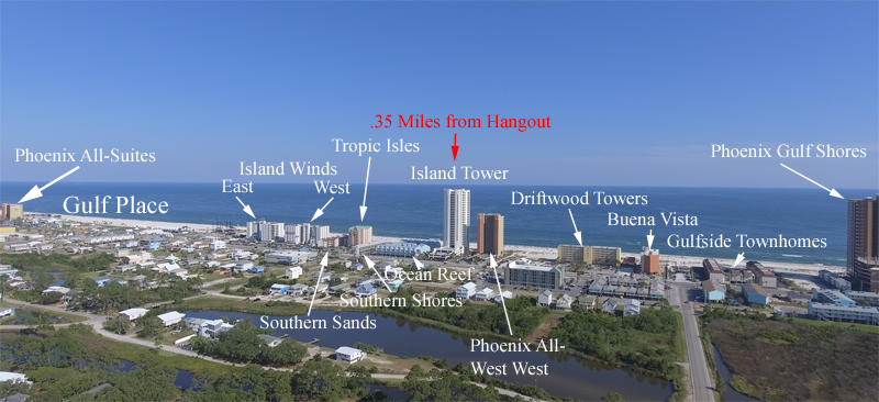Aerial map of the West Beach condos in downtown Gulf Shores, AL