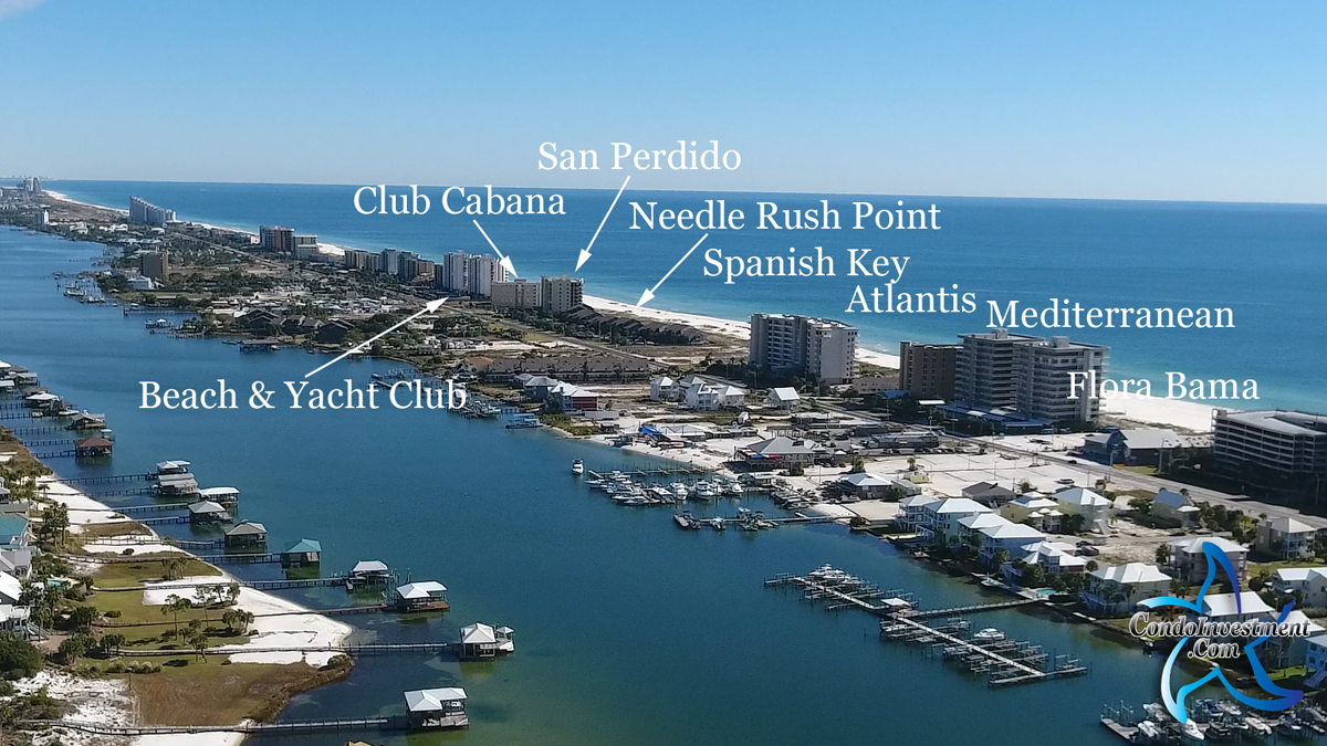 Aerial image of East of the Flora Bama with condos labeled